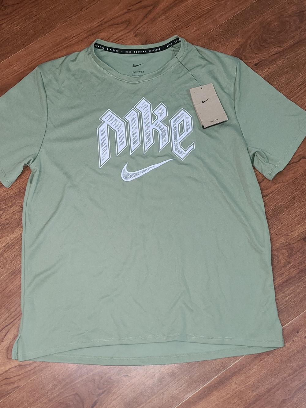 Nike Running Mens Short-Sleeve Olive Green Graphic Tee with White Logo Size M